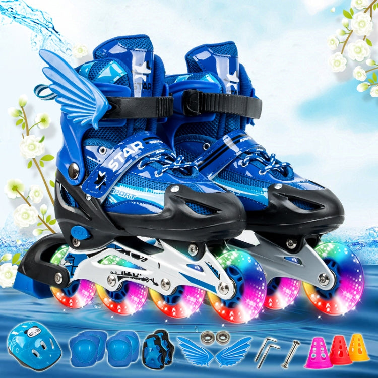 Adjustable Children Full Flash Single Four-wheel Roller Skates Skating Shoes Set, Size : S, Size : S (Pink), Size : S (Gold), Size : S (Blue), Size : S (Red) – Magnetic Size : S (Blue) Blue