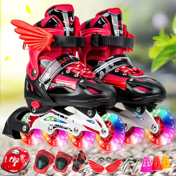 Adjustable Children Full Flash Single Four-wheel Roller Skates Skating Shoes Set, Size : S, Size : S (Pink), Size : S (Gold), Size : S (Blue), Size : S (Red) – Magnetic Size : S (Red) Red
