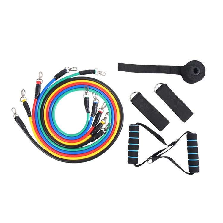 jx-003 11 in 1 100lbs TPE Five-point Buckle Household Pull Rope Resistance Band Fitness Equipment Set, 100lbs with Blue Handle – Non-slip