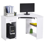 L-Shaped Corner Computer Desk with 2 Shelves, Wide Worktop, Keyboard Tray, Drawer and CPU Stand, Home Office Study Bedroom Furniture, White White