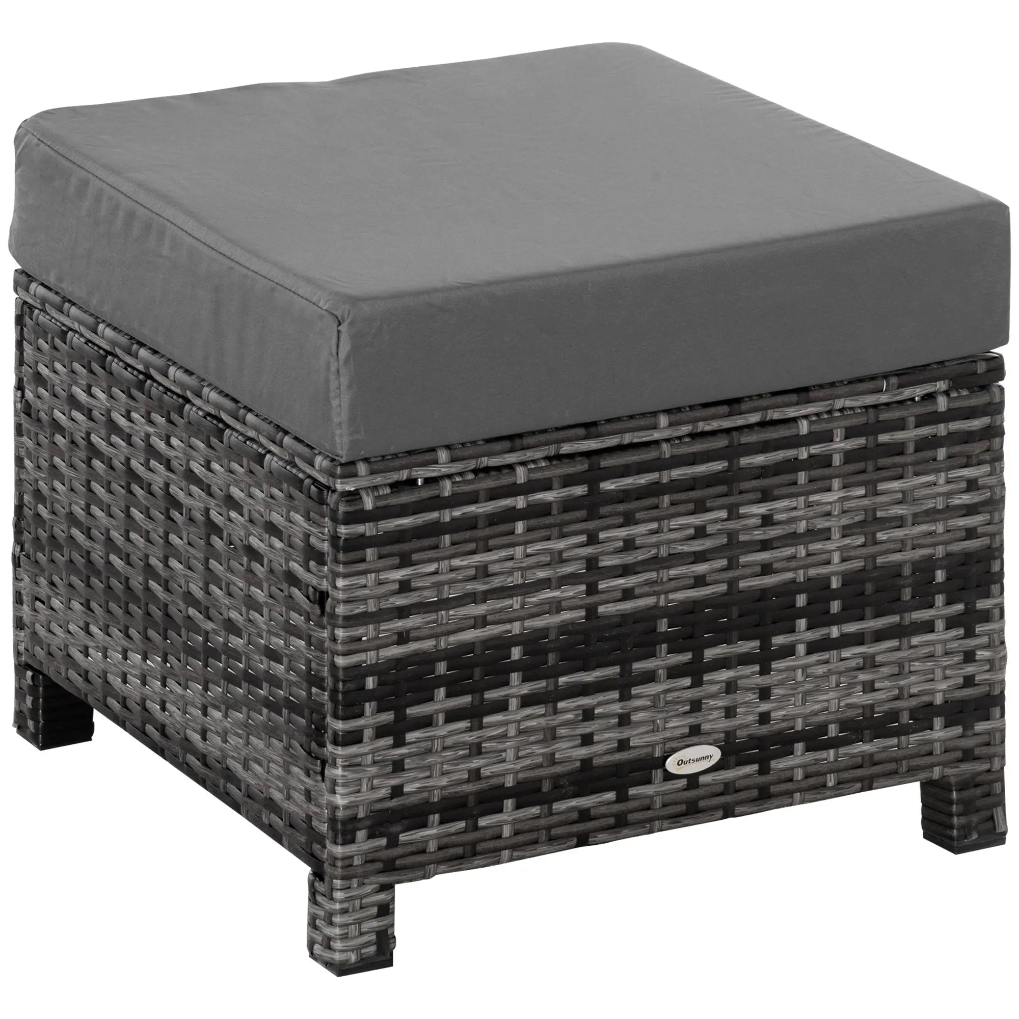 Rattan Footstool Wicker Ottoman with Padded Seat Cushion Outdoor Patio Furniture for Garden Poolside Living Room, 50 x 50 x 35 cm, Grey Grey