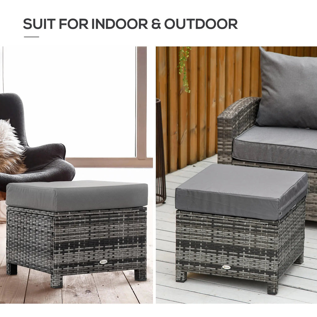 Rattan Footstool Wicker Ottoman with Padded Seat Cushion Outdoor Patio Furniture for Garden Poolside Living Room, 50 x 50 x 35 cm, Grey