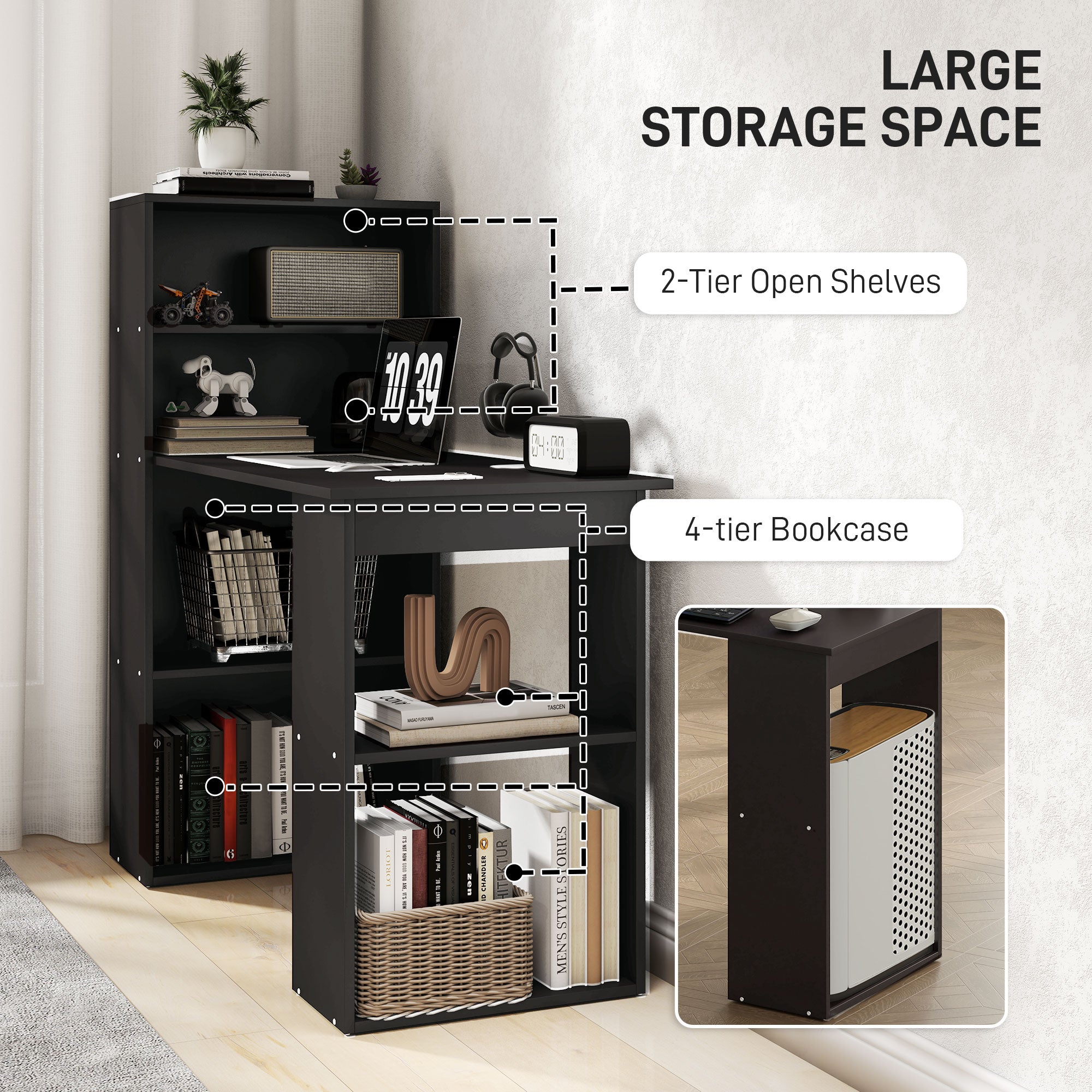 120cm Modern Computer Desk Bookshelf Study Table Workstation PC Laptop Writing Home Office 6 Shelves, Black