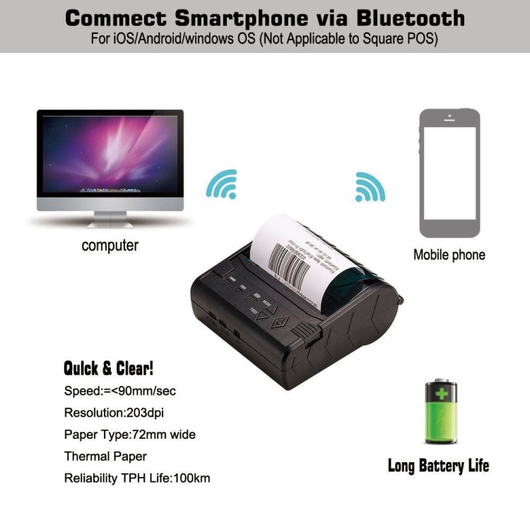 POS-8003 Portable Thermal Bluetooth Ticket Printer，Max Supported Thermal Paper Size：80x50mm