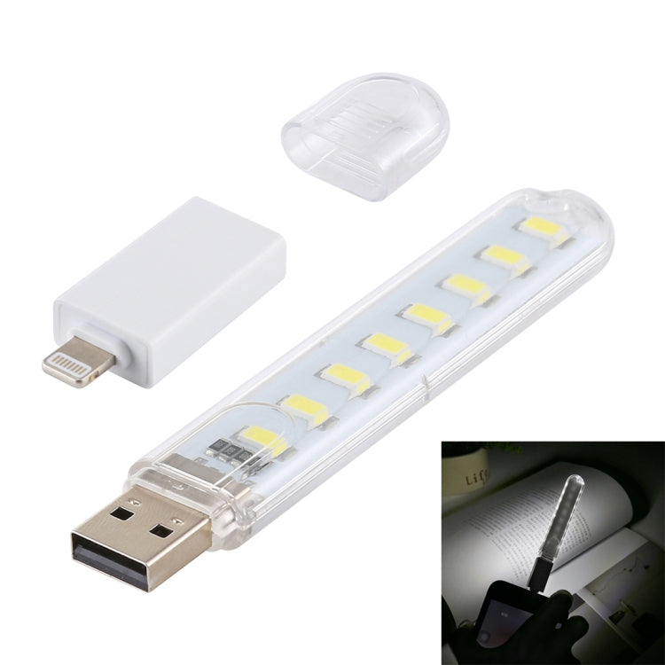 8LEDs 5V 200LM USB LED Book Light Portable Night Light, with 8 Pin Adapter, with 8 Pin Adapter with 8 Pin Adapter White Light