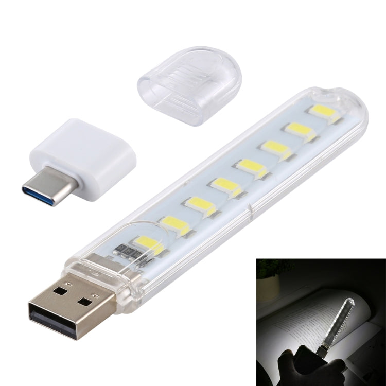 8LEDs 5V 200LM USB LED Book Light Portable Night Light, with Type-C Adapter, with Type-C Adapter with Type-C Adapter White Light