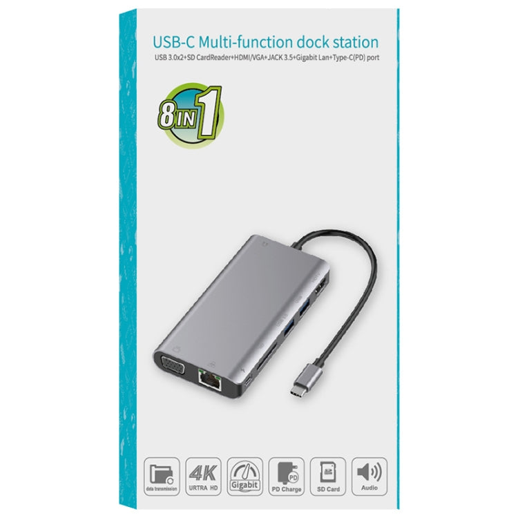 Onten 9591BD 8 in 1 USB-C / Type-C to PD USB-C / Type-C Charging + Gigabit Ethernet + Dual USB 3.0 + HDMI + VGA + SD Card Slot + 3.5mm AUX HUB, 9591BD Grey, 9591BD Silver – Card Slot, 4K