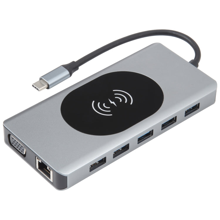 14 in 1 Type-C Docking Station with Wireless Charging(1000M Network Port), 14 in 1 – Wireless Charging, Aluminum Alloy, 4K 14 in 1