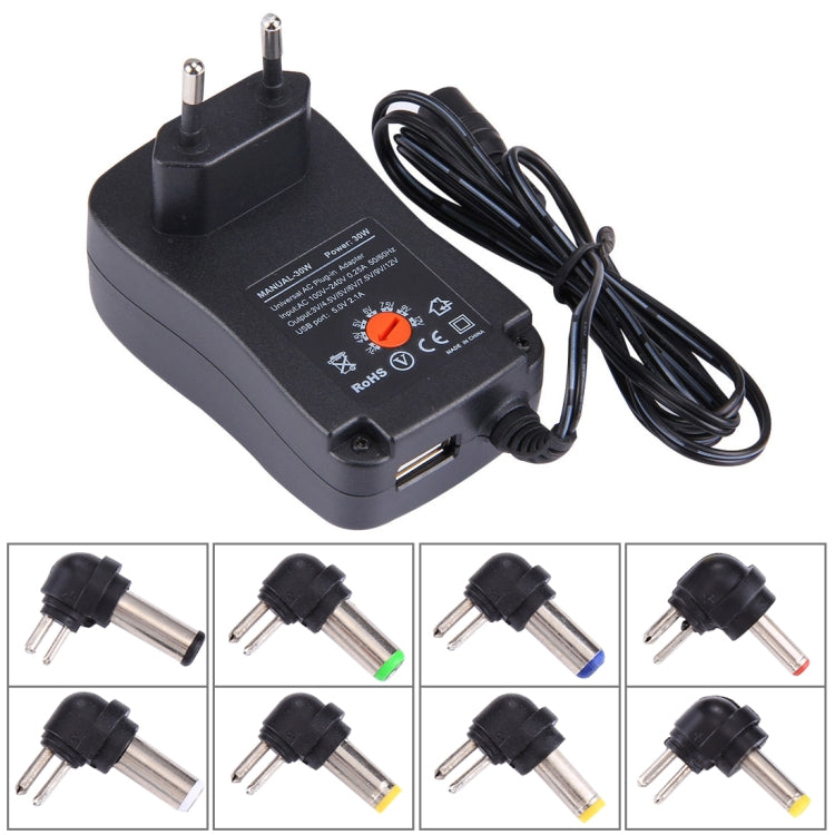 EU Plug Universal 30W Power Wall Plug-in Adapter with 5V 2.1A USB Port, Tips: 6 PCS, Cable Length: About 1.2m, EU Plug EU Plug