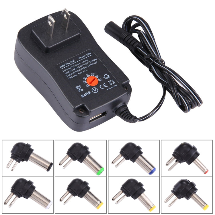 US Plug Universal 30W Power Wall Plug-in Adapter with 5V 2.1A USB Port, Tips: 6 PCS, Cable Length: About 1.2m, US Plug US Plug