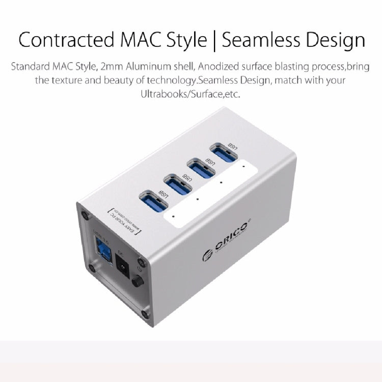 ORICO A3H4 Aluminum High Speed 4 Ports USB 3.0 HUB with 12V/2.5A Power Supply for Laptops, 4 Ports (Silver) – Aluminum Alloy