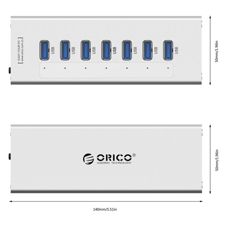 ORICO A3H7 Aluminum High Speed 7 Ports USB 3.0 HUB with 12V/2.5A Power Supply for Laptops, 7 Ports (Silver), 7 Ports (Black) – Aluminum Alloy