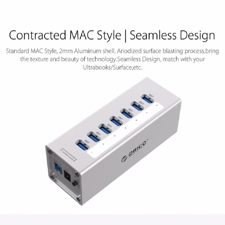ORICO A3H7 Aluminum High Speed 7 Ports USB 3.0 HUB with 12V/2.5A Power Supply for Laptops, 7 Ports (Silver), 7 Ports (Black) – Aluminum Alloy