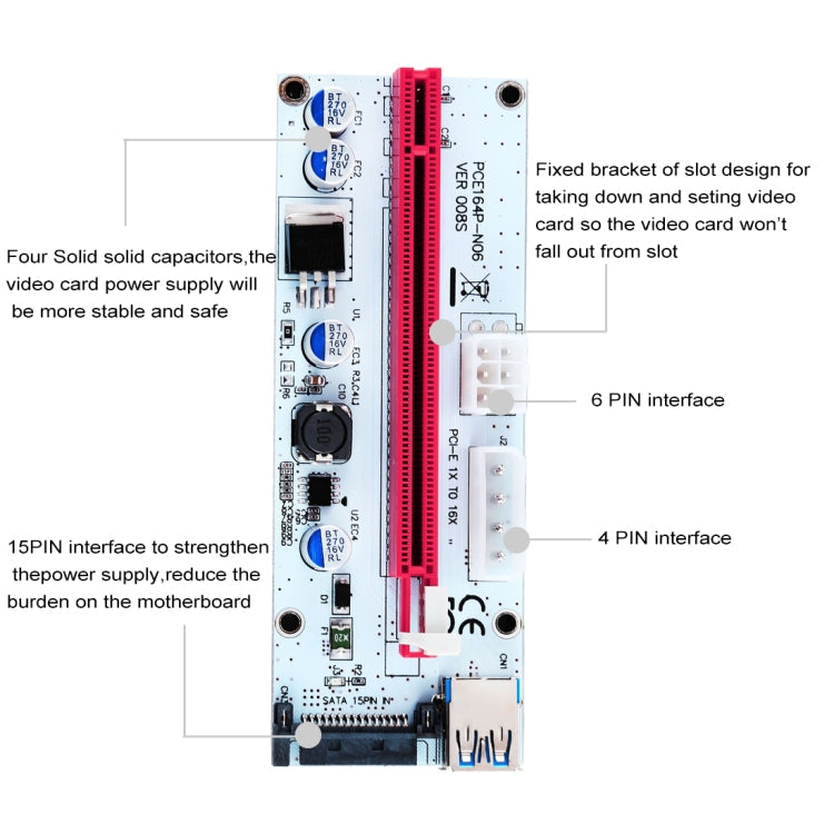 PCE164P-N06 VER008S USB 3.0 PCI-E Express 1x to 16x PCI-E Extender Riser Card Adapter 15 Pin SATA Power 6 Pin + 4 Pin Power Supply Port with 60cm USB Cable, VER008S Red – Durable Build, Easy to Use