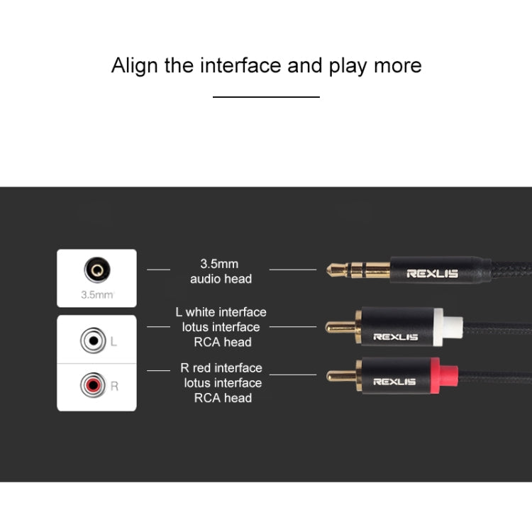 REXLIS 3635 3.5mm Male to Dual RCA Gold-plated Plug Black Cotton Braided Audio Cable for RCA Input Interface Active Speaker, Length: 1.8m, Length: 1.8m – Anti-Scratch, Aluminum Alloy