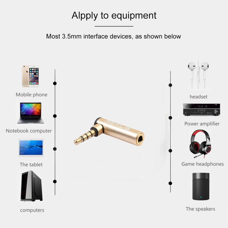 REXLIS BK3567 3.5mm Male + 3.5mm Female L-shaped 90 Degree Elbow Gold-plated Plug Gold Audio Interface Extension Adapter for 3.5mm Interface Devices, Support Earphones with Microphone, Gold – Anti-Scratch, Aluminum Alloy