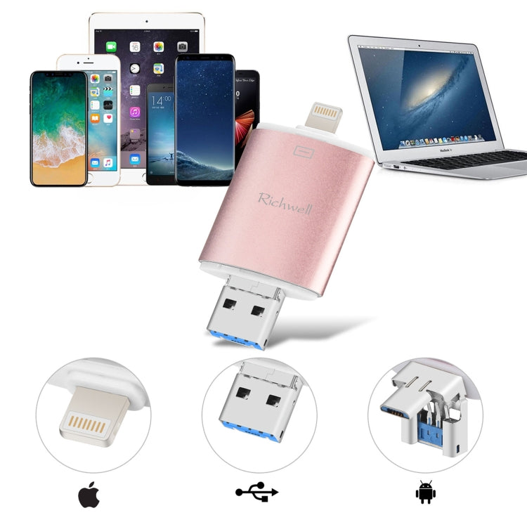 USB Flash Drive – 3 in 1 64G Type-C + 8 Pin + USB 3.0 Metal Double Cover Push-pull Flash...