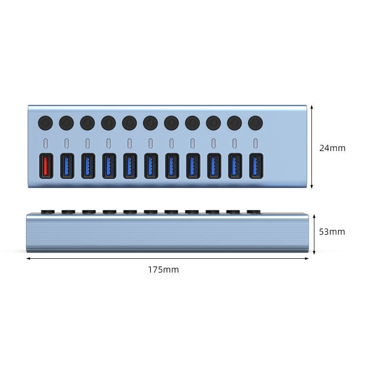 11 in 1 USB 3.0 HUB Splitter with Independent Switch & 12V 4A Power Supply, 11 USB 3.0 – Fast Charging, Aluminum Alloy
