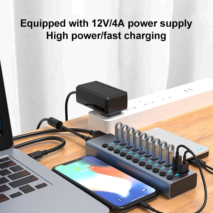 11 in 1 USB 3.0 HUB Splitter with Independent Switch & 12V 4A Power Supply, 11 USB 3.0 – Fast Charging, Aluminum Alloy