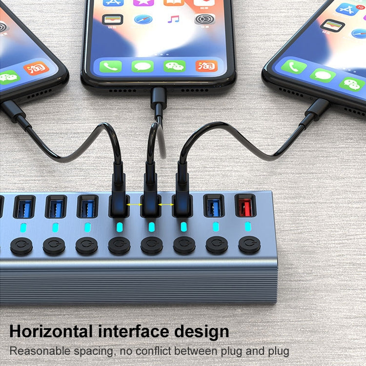 11 in 1 USB 3.0 HUB Splitter with Independent Switch & 12V 4A Power Supply, 11 USB 3.0 – Fast Charging, Aluminum Alloy