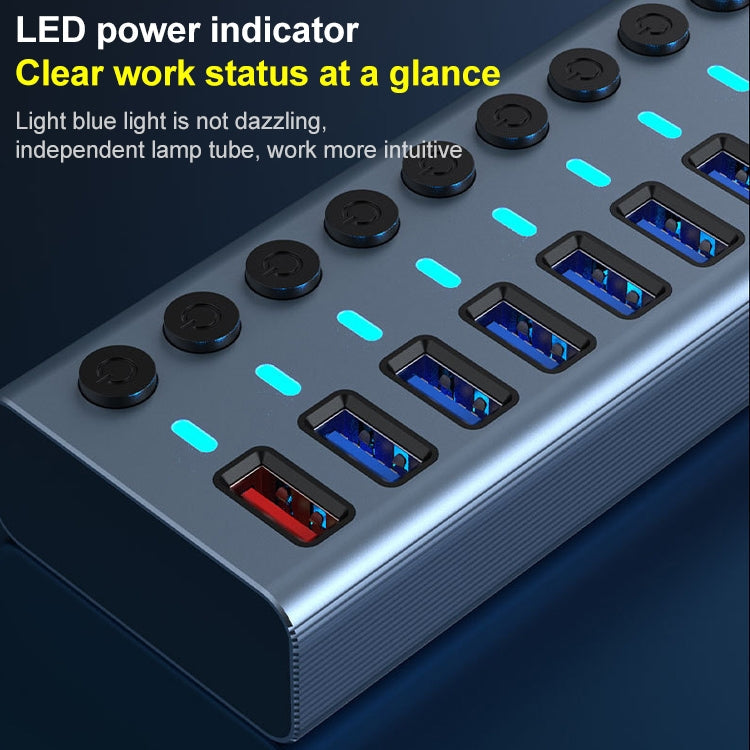 11 in 1 USB 3.0 HUB Splitter with Independent Switch & 12V 4A Power Supply, 11 USB 3.0 – Fast Charging, Aluminum Alloy