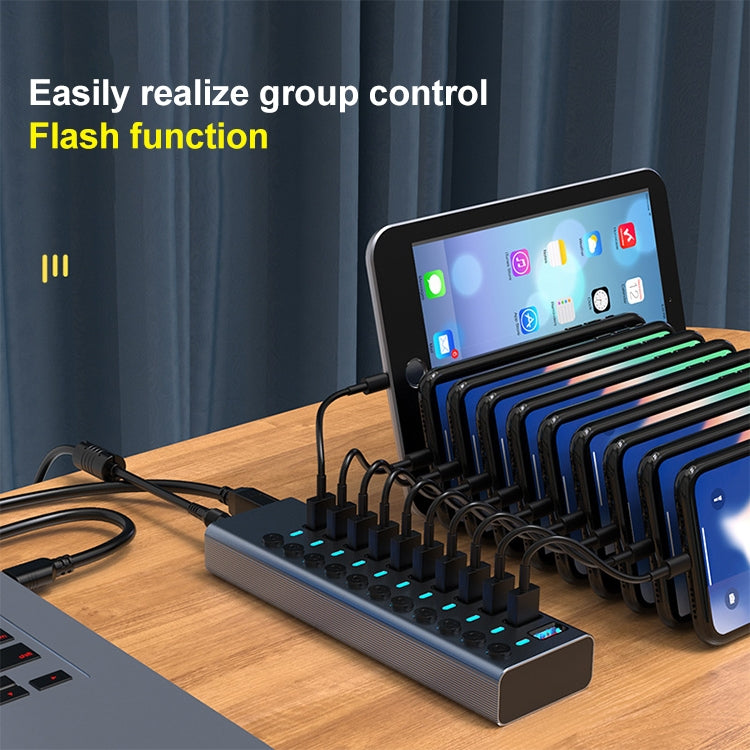11 in 1 USB 3.0 HUB Splitter with Independent Switch & 12V 4A Power Supply, 11 USB 3.0 – Fast Charging, Aluminum Alloy