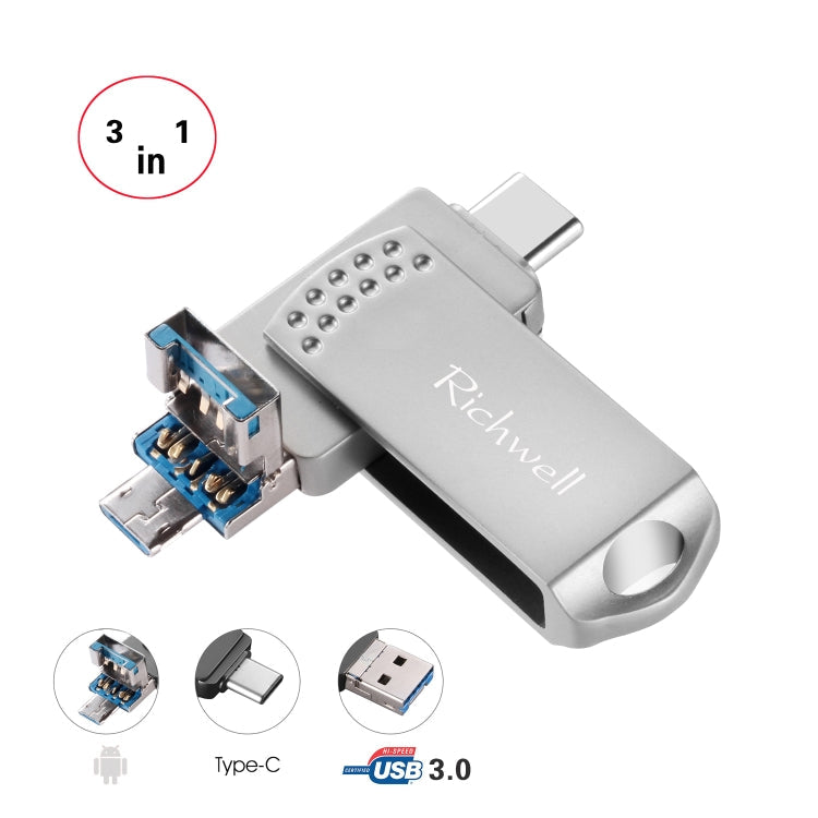 Richwell 3 in 1 32G Type-C + Micro USB + USB 3.0 Metal Flash Disk with OTG Function Silver