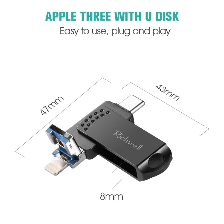 USB Flash Drive – 64G Type-C + 8 Pin + USB 3.0 Metal Flash Disk with OTG Function