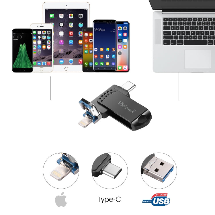USB Flash Drive – 64G Type-C + 8 Pin + USB 3.0 Metal Flash Disk with OTG Function
