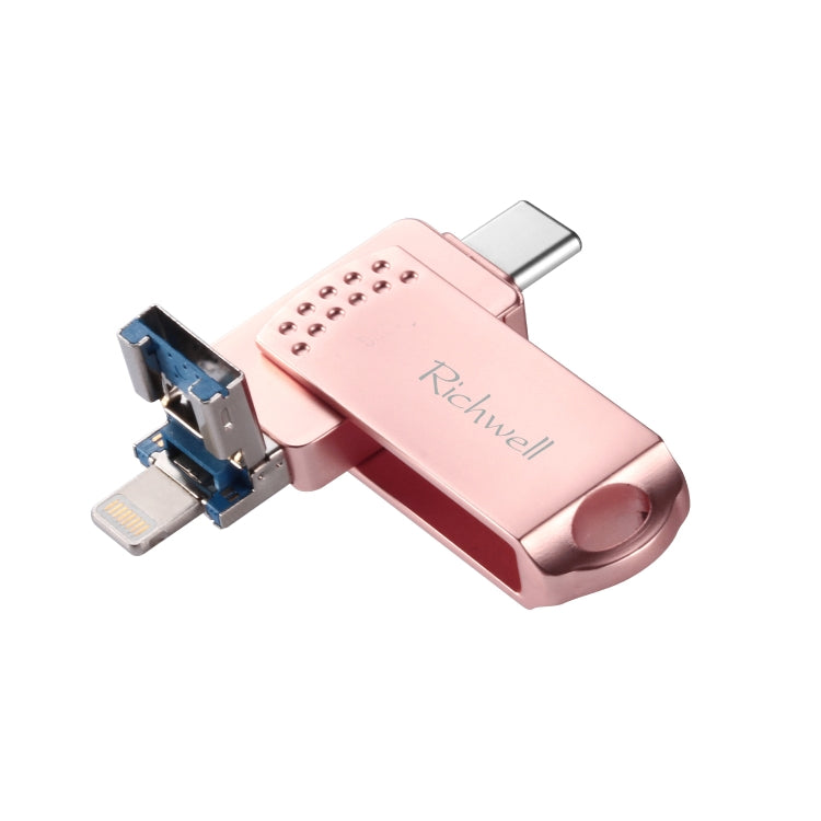 USB Flash Drive – 64G Type-C + 8 Pin + USB 3.0 Metal Flash Disk with OTG Function Rose Gold