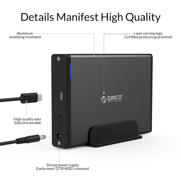 ORICO 7688C3 8TB 3.5 inch USB-C / Type-C Mobile HDD Enclosure with Detachable Base, Cable Length: 1m – Aluminum Alloy, TPU