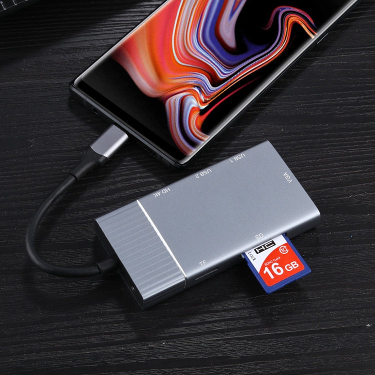 7 In 1 Dual USB 3.0 + TF/SD + HDMI/VGA + 3.5mm Jack + Type-C / USB-C Multi-function USB-C Dock Station, 2xUSB3.0+TF/SD+HDMI/VGA+3.5mm – Card Slot, TPU, 4K