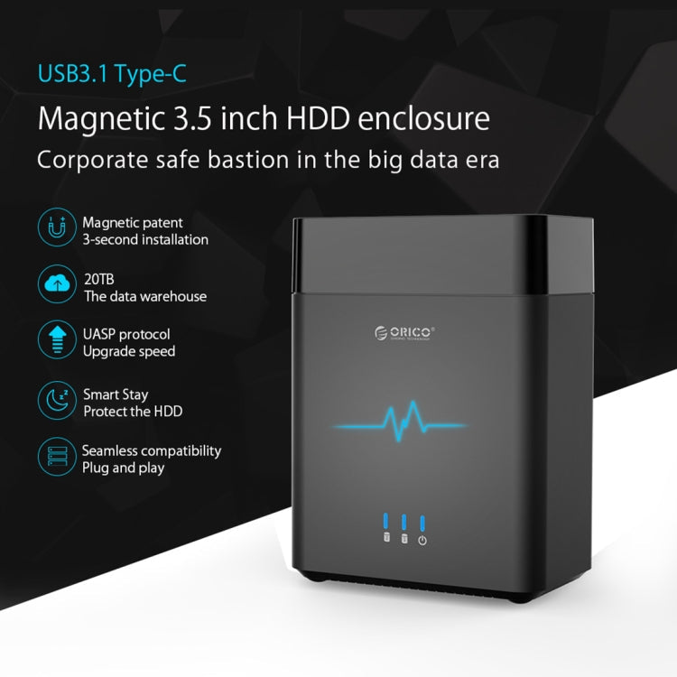 ORICO DS200C3 3.5 inch 2 Bay Magnetic-type USB-C / Type-C Hard Drive Enclosure with Blue LED Indicator, USB Type-C – Magnetic, Data Transmission