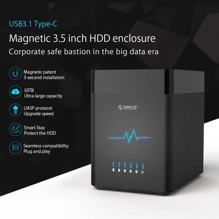 ORICO DS500C3 3.5 inch 5 Bay Magnetic-type USB-C / Type-C Hard Drive Enclosure with Blue LED Indicator, USB Type-C – Magnetic, Data Transmission