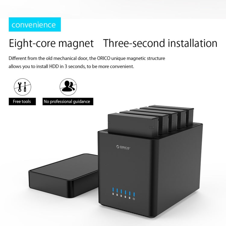 ORICO DS500C3 3.5 inch 5 Bay Magnetic-type USB-C / Type-C Hard Drive Enclosure with Blue LED Indicator, USB Type-C – Magnetic, Data Transmission
