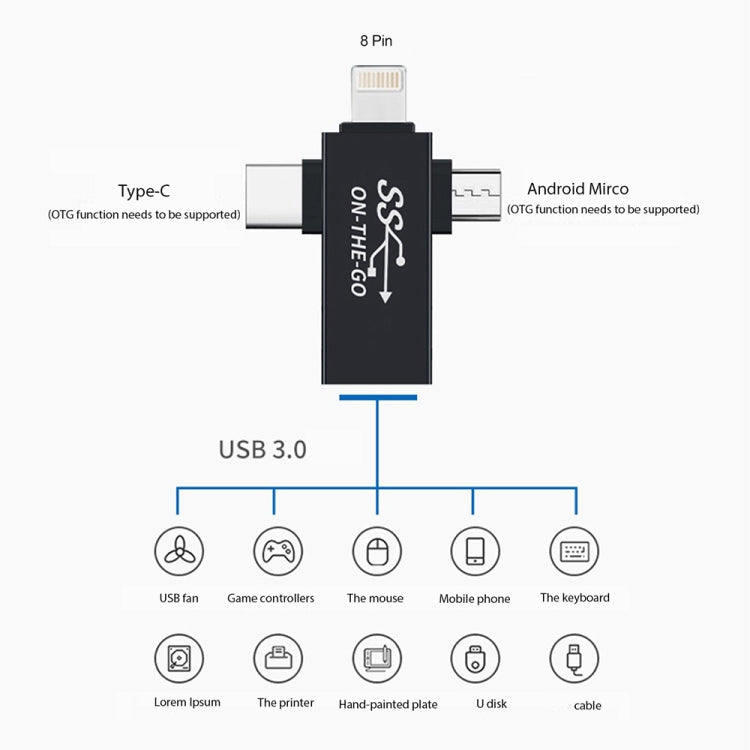 3 in 1 USB 3.0 to 8 Pin + Micro USB + USB-C / Type-C Interface Multifunctional OTG Adapter – Data Transmission
