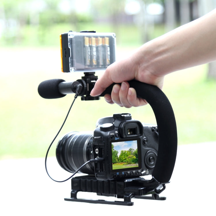 PULUZ U/C Shape Portable Handheld DV Bracket Stabilizer + Video Shotgun Microphone Kit with Cold Shoe Tripod Head for All SLR Cameras and Home DV Camera, Bracket Kits + Mic