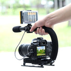 PULUZ U/C Shape Portable Handheld DV Bracket Stabilizer + Video Shotgun Microphone Kit with Cold Shoe Tripod Head for All SLR Cameras and Home DV Camera, Bracket Kits + Mic