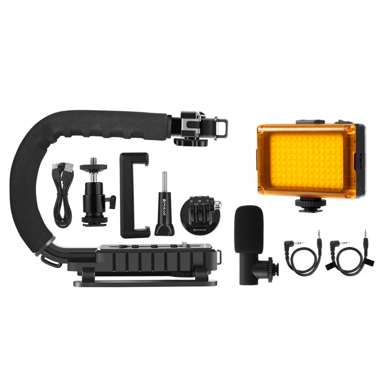 PULUZ U/C Shape Portable Handheld DV Bracket Stabilizer + LED Studio Light + Video Shotgun Microphone Kit with Cold Shoe Tripod Head for All SLR Cameras and Home DV Camera, Bracket Kits + Mic + LED