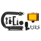 PULUZ U/C Shape Portable Handheld DV Bracket Stabilizer + LED Studio Light + Video Shotgun Microphone Kit with Cold Shoe Tripod Head for All SLR Cameras and Home DV Camera, Bracket Kits + Mic + LED