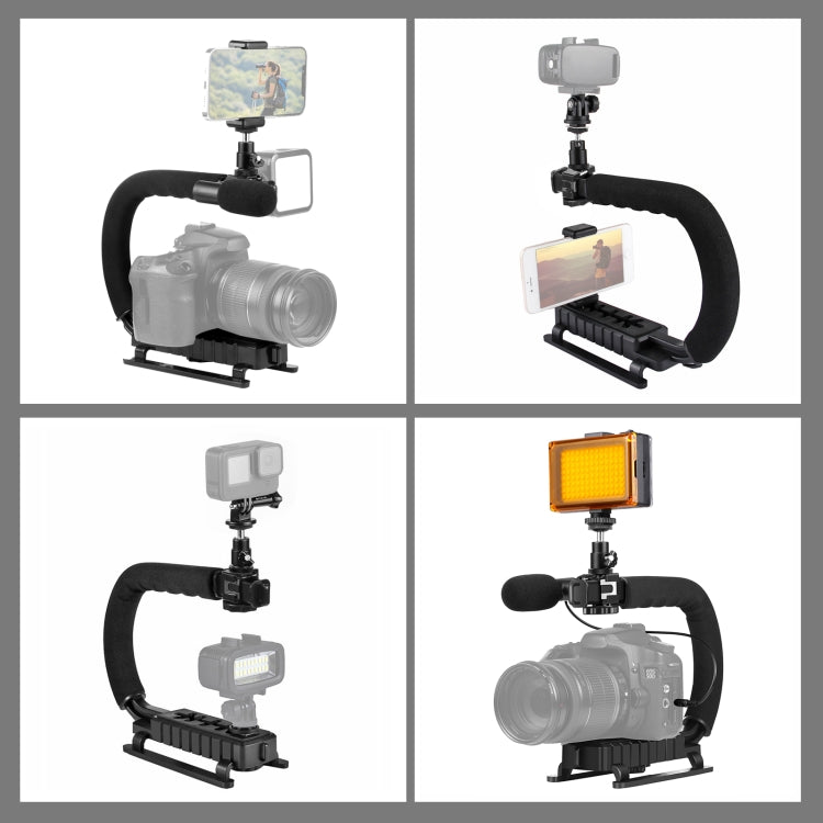 PULUZ U/C Shape Portable Handheld DV Bracket Stabilizer + LED Studio Light + Video Shotgun Microphone Kit with Cold Shoe Tripod Head for All SLR Cameras and Home DV Camera, Bracket Kits + Mic + LED
