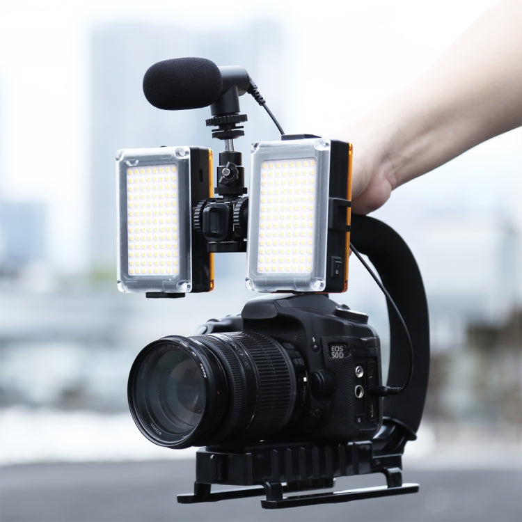 PULUZ U/C Shape Portable Handheld DV Bracket Stabilizer + LED Studio Light + Video Shotgun Microphone Kit with Cold Shoe Tripod Head for All SLR Cameras and Home DV Camera, Bracket Kits + Mic + LED