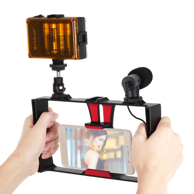 3 in 1 Vlogging Live Broadcast LED Selfie Light Smartphone Video Rig Kits with Microphone + Cold Shoe Tripod Head for iPhone, Galaxy, Huawei, Xiaomi, HTC, LG, Google, and Other Smartphones, 3-in-1, 3-in-1(Red), 3-in-1(US) – Durable Build, Easy to Use 3-in-1(Red) Red