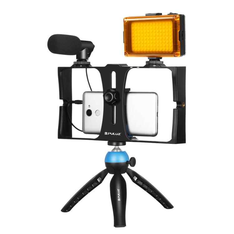 PULUZ 4 in 1 Vlogging Live Broadcast LED Selfie Light Smartphone Video Rig Kits with Microphone + Tripod Mount + Cold Shoe Tripod Head for iPhone, Galaxy, Huawei, Xiaomi, HTC, LG, Google, and Other Smartphones, 4-in-1(Blue), 4 in 1, 4-in-1(US) 4-in-1(Blue) Blue