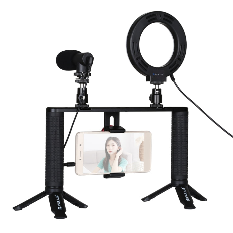 4 in 1 Vlogging Live Broadcast 4.7 inch 12cm Ring LED Selfie Light Smartphone Video Rig Handle Stabilizer Aluminum Bracket Kits with Microphone + Tripod Mount + Cold Shoe Tripod Head, Ring LED Aluminum Bracket Kits – Durable Build, Easy to Use
