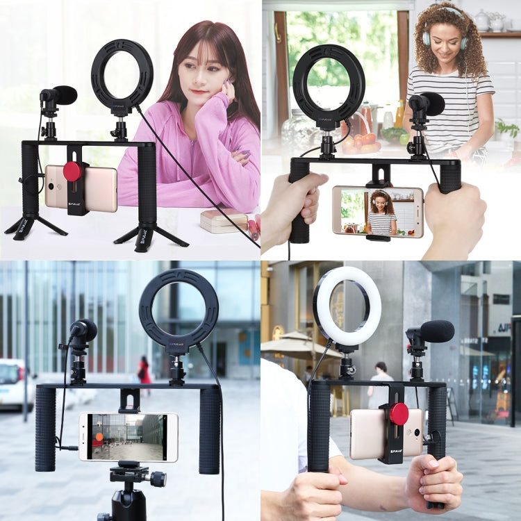 4 in 1 Vlogging Live Broadcast 4.7 inch 12cm Ring LED Selfie Light Smartphone Video Rig Handle Stabilizer Aluminum Bracket Kits with Microphone + Tripod Mount + Cold Shoe Tripod Head, Ring LED Aluminum Bracket Kits – Durable Build, Easy to Use