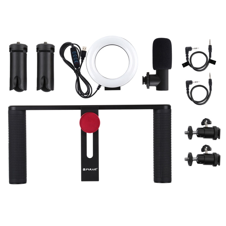 4 in 1 Vlogging Live Broadcast 4.7 inch 12cm Ring LED Selfie Light Smartphone Video Rig Handle Stabilizer Aluminum Bracket Kits with Microphone + Tripod Mount + Cold Shoe Tripod Head, Ring LED Aluminum Bracket Kits – Durable Build, Easy to Use