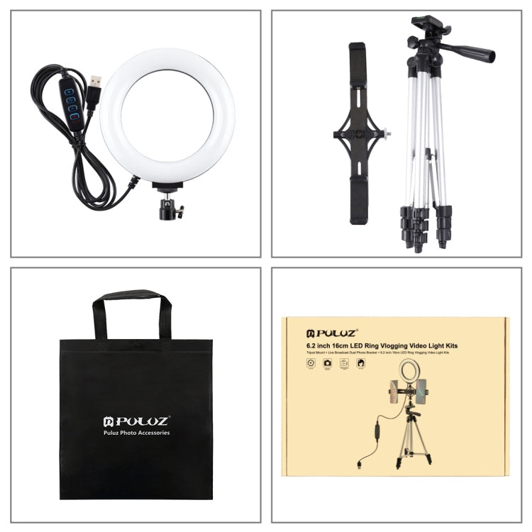 PULUZ Tripod Mount + Live Broadcast Dual Phone Bracket + 6.2 inch 16cm LED Ring Vlogging Video Light Kits, 3 in 1