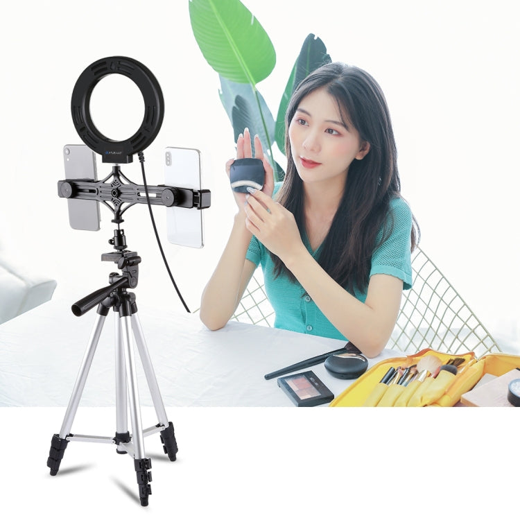 PULUZ Tripod Mount + Live Broadcast Dual Phone Bracket + 6.2 inch 16cm LED Ring Vlogging Video Light Kits, 3 in 1
