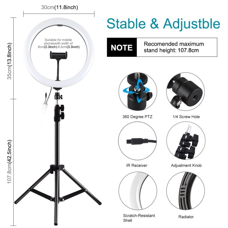 PULUZ 11.8 inch 30cm RGB Light 1.1m Tripod Mount Dimmable LED Ring Vlogging Selfie Photography Video Lights Live Broadcast Kits with Cold Shoe Tripod Ball Head & Phone Clamp, 12 inch RGB+Tripod(EU), 11.8 inch RGB+Tripod(AU)
